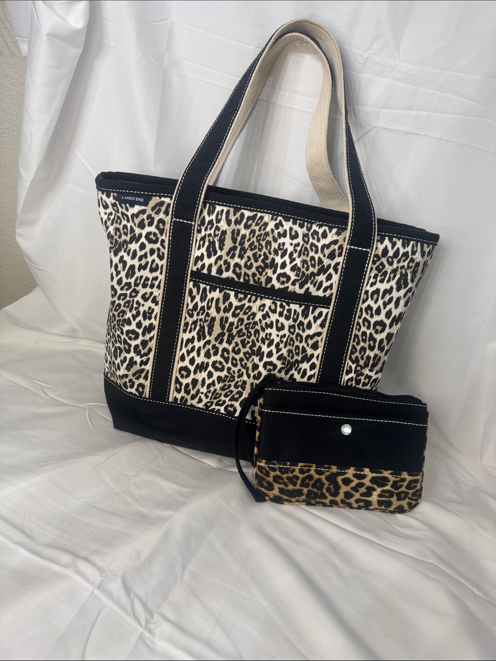 Lands' End Leopard Canvas Tote with Black Trim and Matching Wristlet